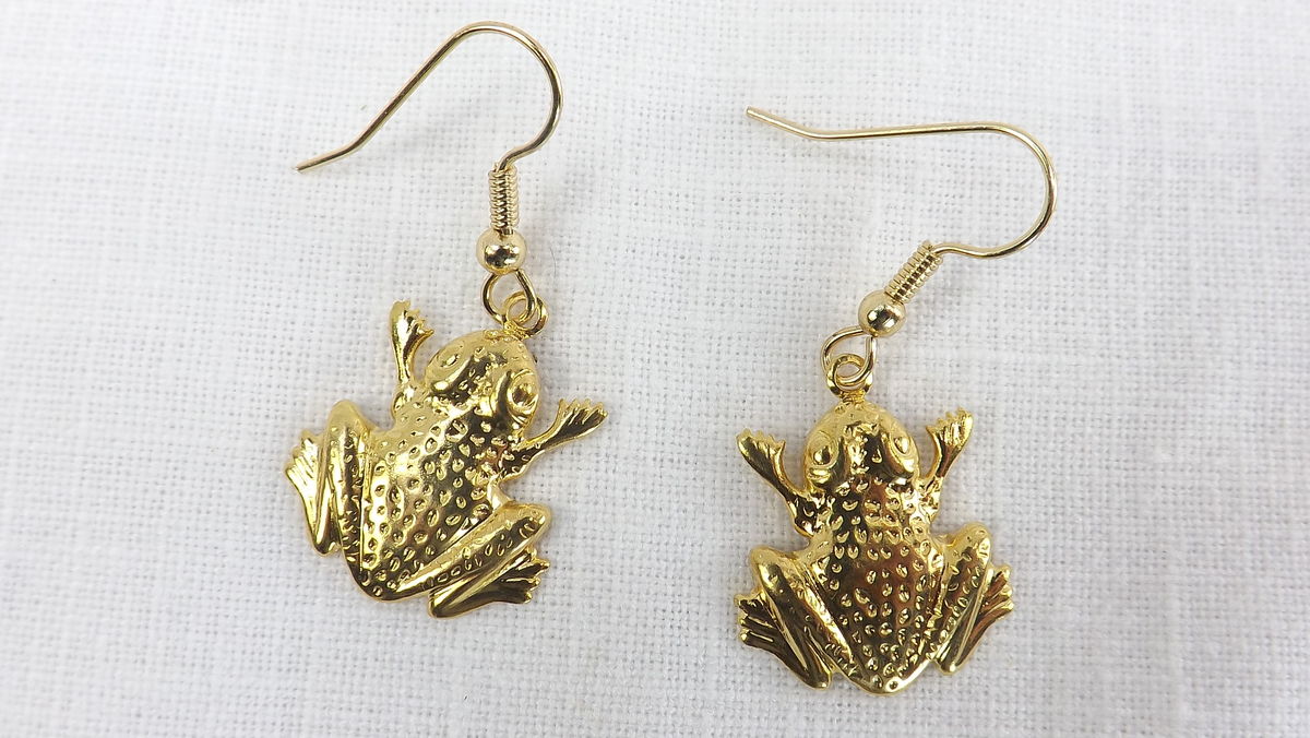Dangle frog earrings, gold frog jewelry, amphibian earrings under 10