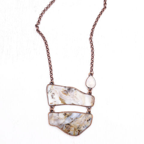 White,Rivermoon,Agate,Necklace,ttereve, agate statement necklace, electroformed necklace, electroformed stone, stone slice necklace, moonstone copper necklace