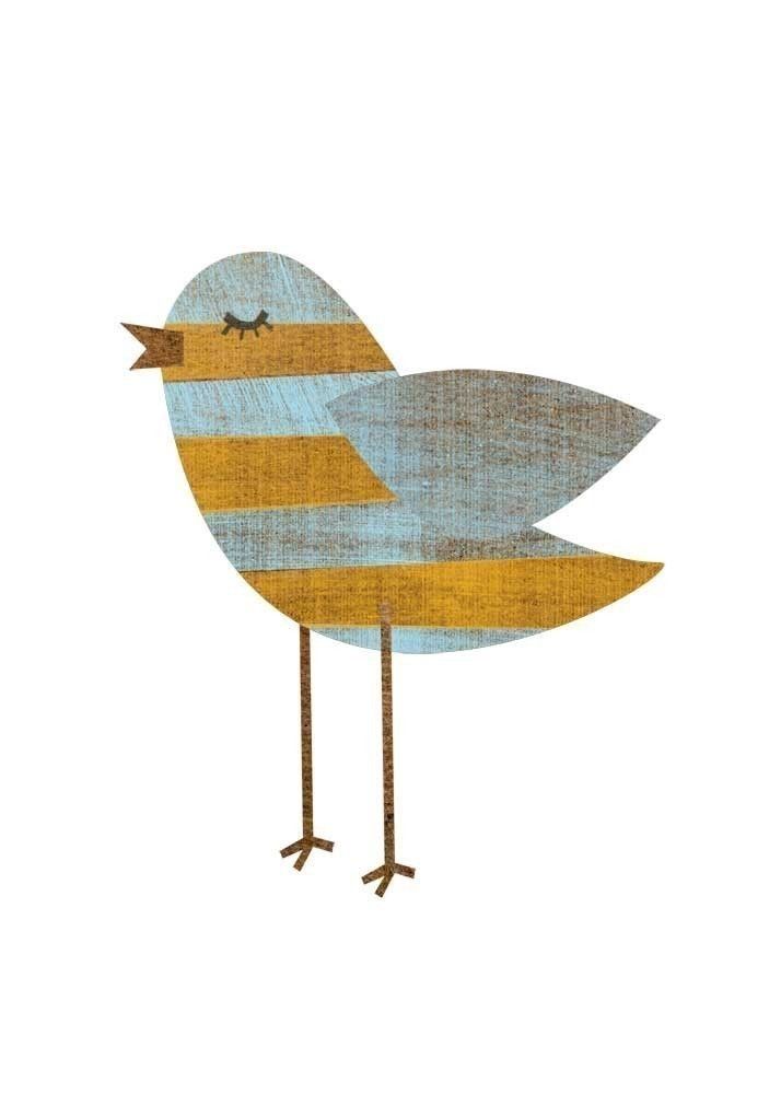 Yellow Blue Stripe Bird Collage Print 5" x 7" Feminine Art Baby Girl