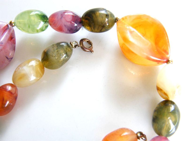 Vintage Fashion Choker Necklace Colorful Oranges, Green Marbled Plastic Beads - product images  of 