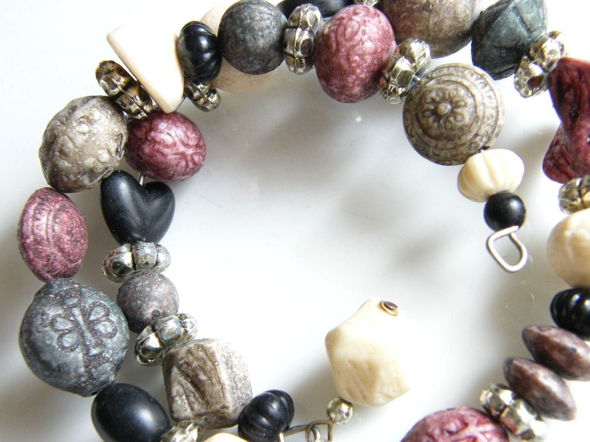 Vintage Retro Wrap Bracelet Large Odd Shaped Beads , Muted Earth Colors