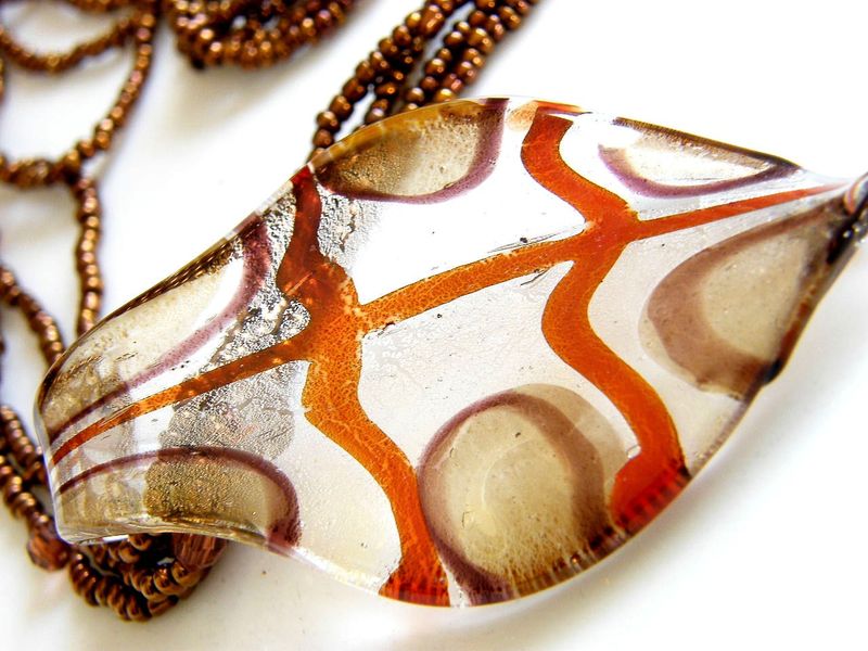 Vintage 1970's Necklace Large Metallic Brown Orange Plastic Pendant Multi-Strand Seed Beads TLC - product images  of 