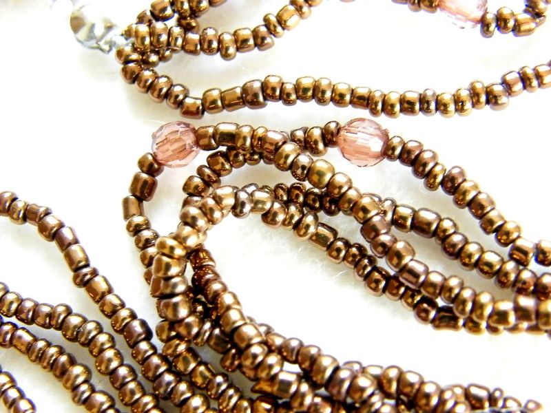 Vintage 1970's Necklace Large Metallic Brown Orange Plastic Pendant Multi-Strand Seed Beads TLC - product images  of 