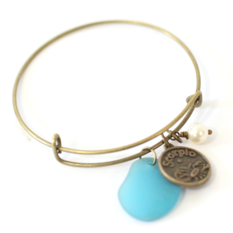 Scorpio,Sea,Glass,Charm,Bracelet,sea glass charm, zodiac bracelet, bronze bracelet, accessories, jewelries