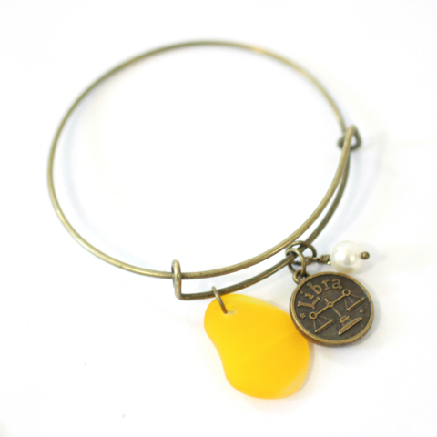 Libra,Sea,Glass,Charm,Bracelet, zodiac bracelet, charm bracelet, sea glass charm, bronze bracelet, accessories, jewelries