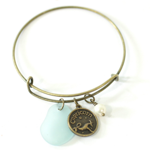 Capricorn,Sea,Glass,Charm,Bracelet, zodiac bracelet, sea glass charm bracelet, bronze bracelet, sea glass, accessories, jewelries