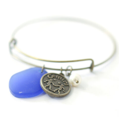 Gemini,Sea,Glass,Charm,Bracelet, sea glass charm bracelet, zodiac bracelet, bronze bracelet, zodiac sign, accesories, jewelries