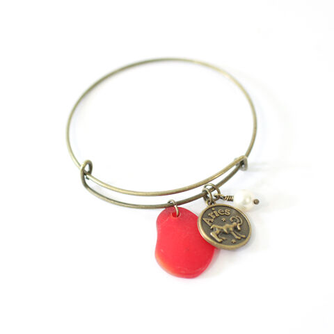 Aries,Sea,Glass,Charm,Bracelet, zodiac bracelet, sea glass charm bracelet, charm bracelet, bronze bracelet, accessories, jewelries