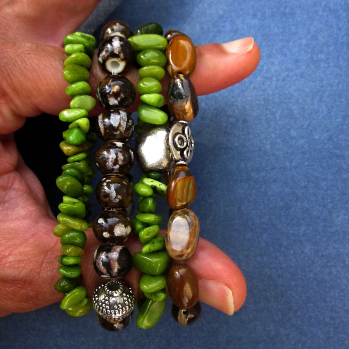 Set of Four Beaded Stretch Bracelets with Stone and Ceramic Beads