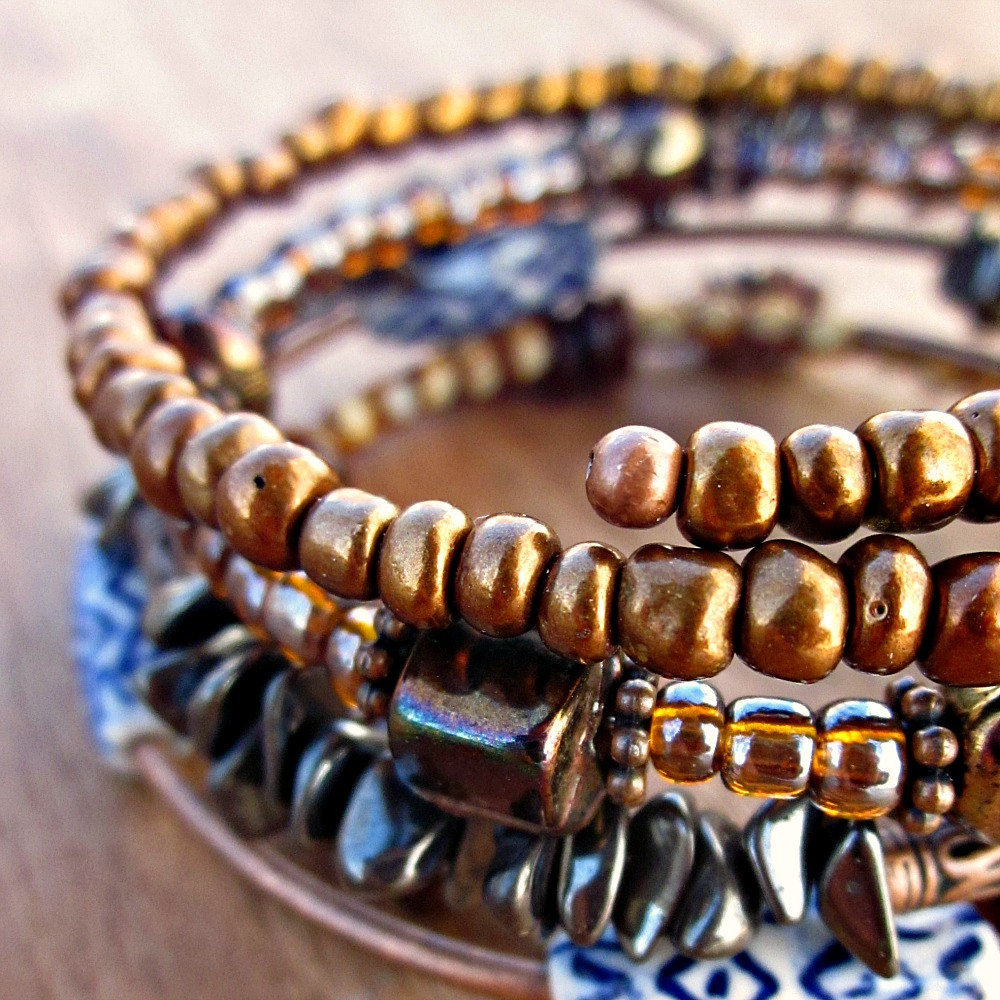 Beaded Adjustable Memory Wire Bangle Bracelet Mixed Up Created by Renée