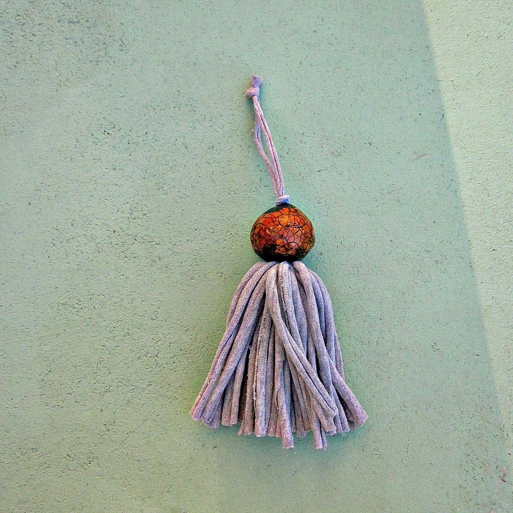 Salvaged Light Gray Fiber Tassel with Big Orange Crackled Paper Mache