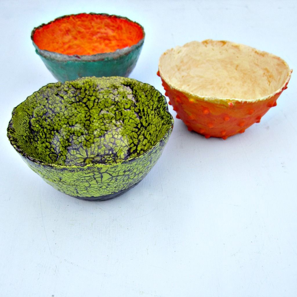 Set of Three Colorful Handmade Mini Paper Mache Bowls Created by Renée