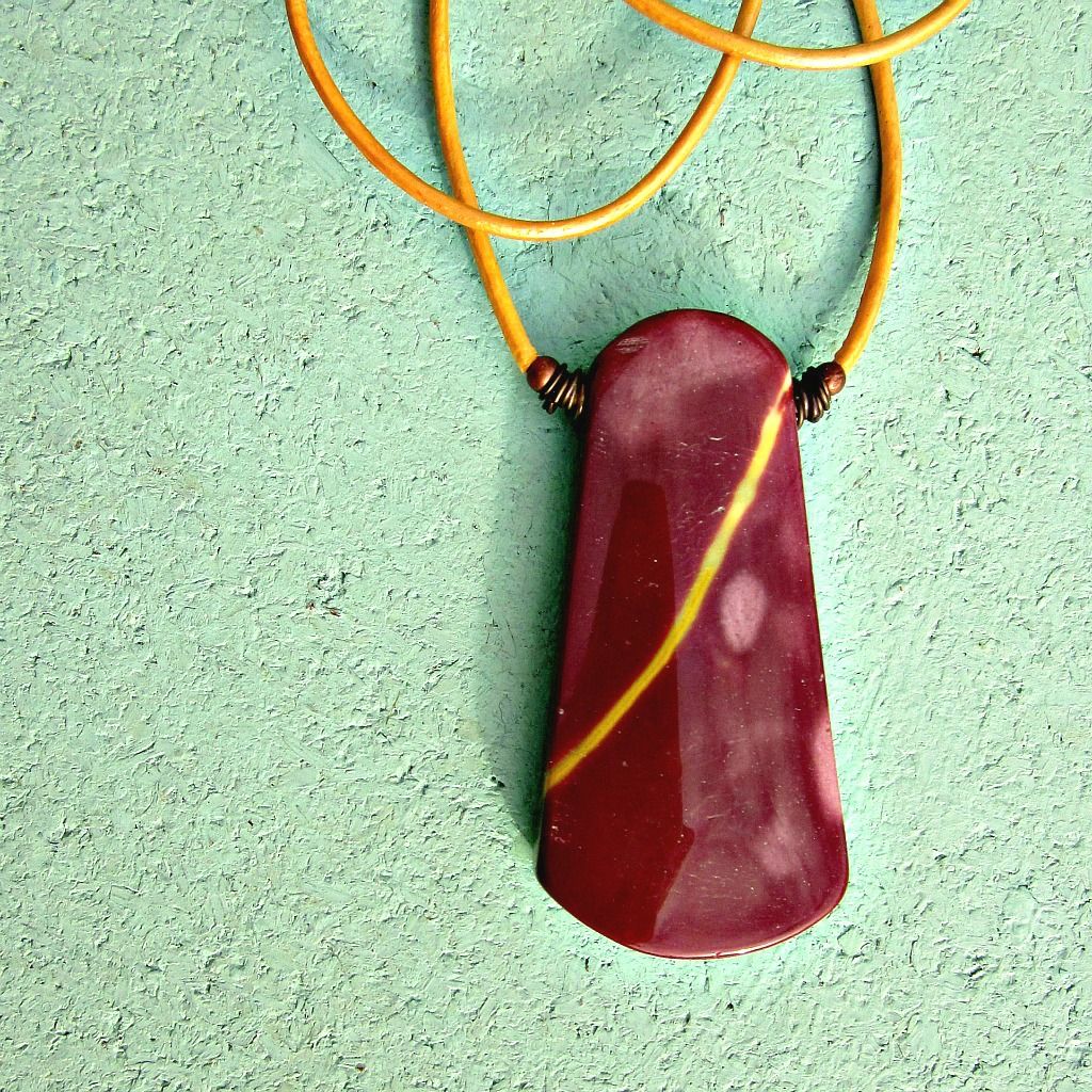 Adjustable Gold Leather Cord Necklace with Red Mookaite Slab Pendant