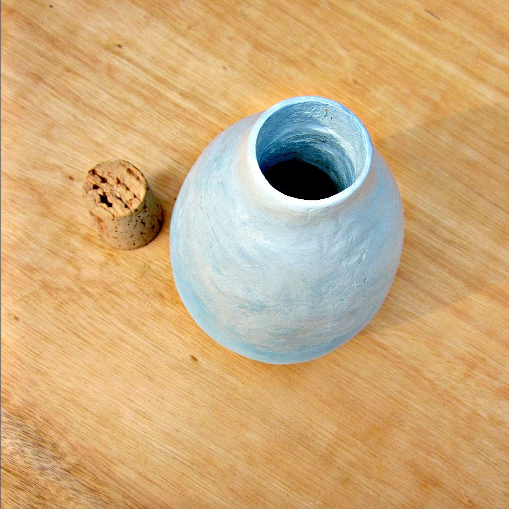 Light Blue Paper Mache Bottle Wet Vase with Cork Stopper Haze