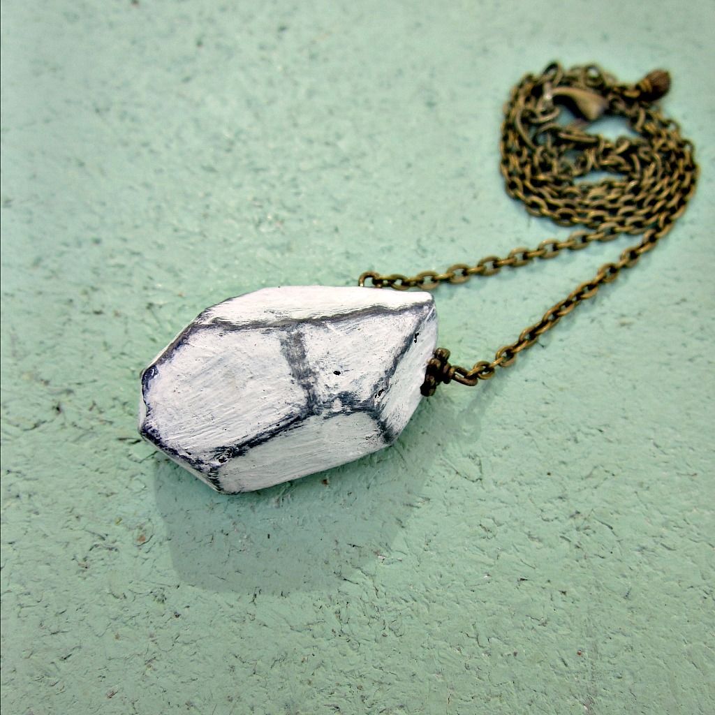 Paper Mache Necklace, Faceted Nugget on Rustic Brass Chain Beryl
