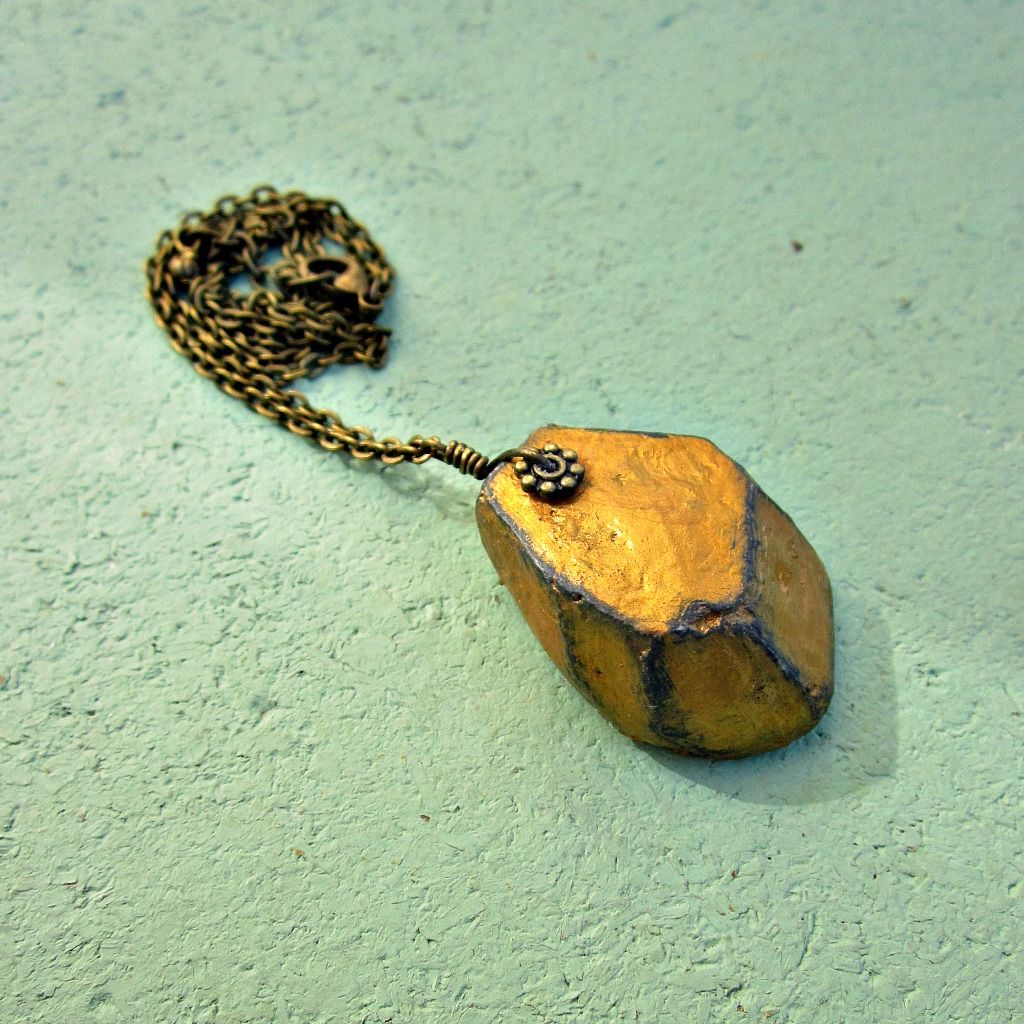 Paper Mache Necklace, Faceted Nugget on Rustic Brass Chain Beryl Created by Renée