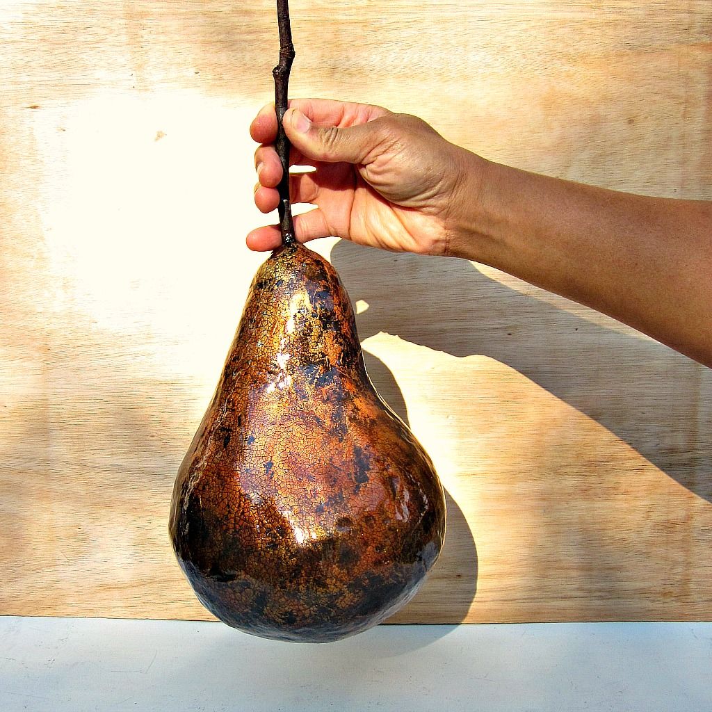 Big Papier Mache Candied Pear Sculpture with Rustic Crackled Finish