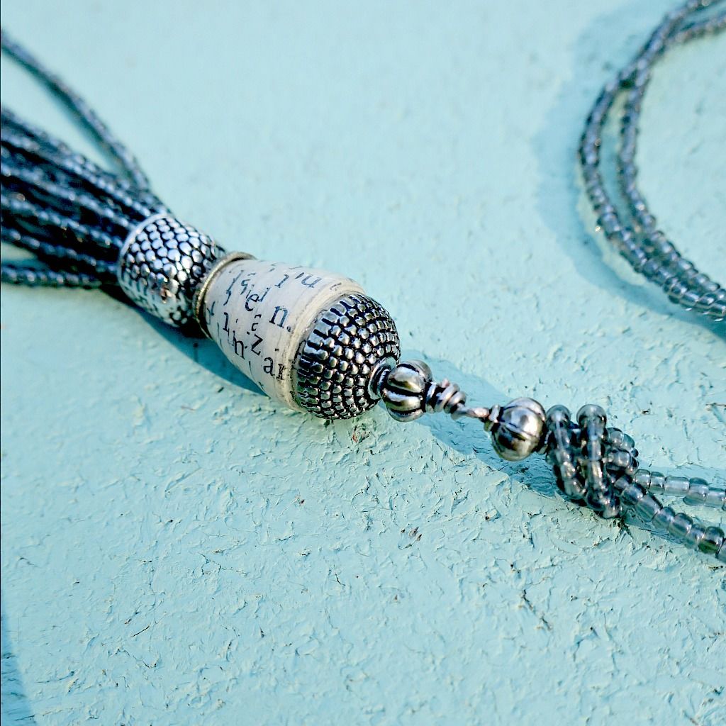 Necklace, Beaded Glass with Paper Bead and Tassel Pendant Phoebe