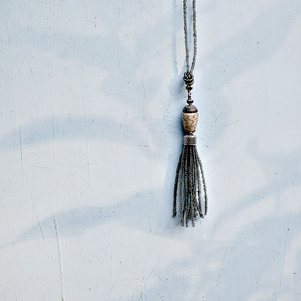 Necklace, Beaded Glass with Paper Bead and Tassel Pendant Phoebe