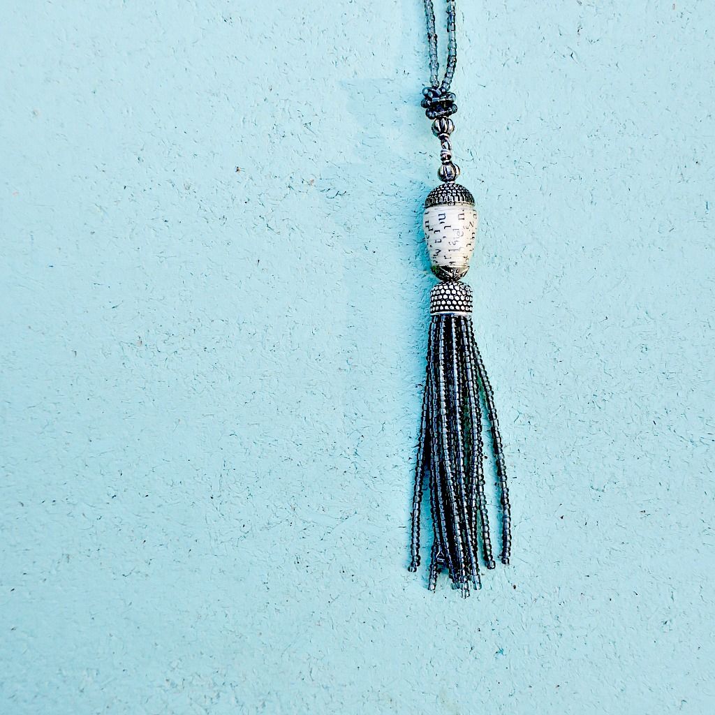 Necklace, Beaded Glass with Paper Bead and Tassel Pendant Phoebe