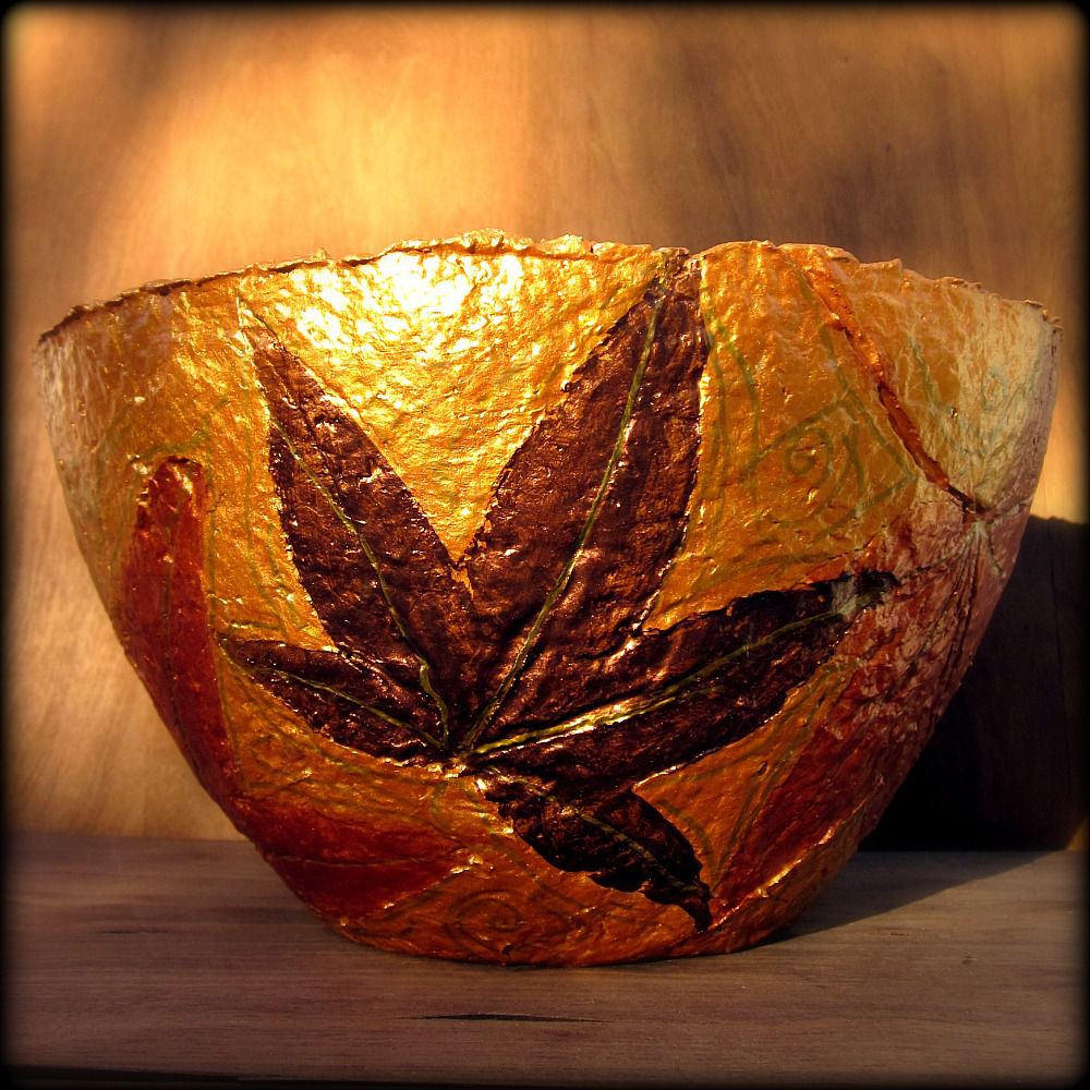 Handmade Paper Mache Bowl, Gold and Copper Leaves Papier Mache Decor