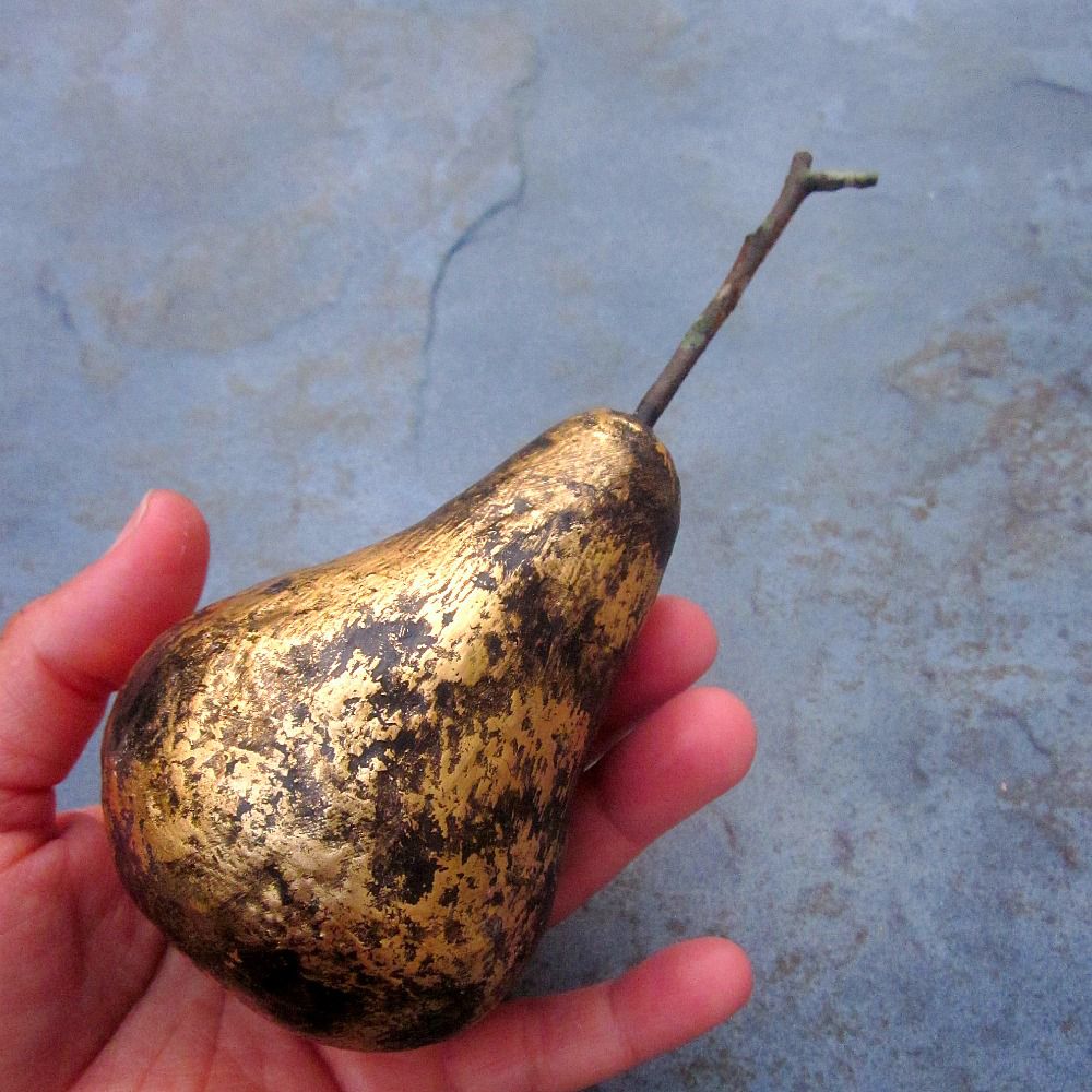 Handmade Paper Mache Pear Sculpture with Rustic Gold Leaf Finish