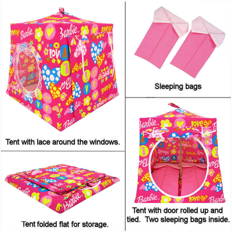 Pink Toy Play Pop Up Tent, 2 Sleeping Bags, Heart and Barbie Print Fabric for Dolls, Stuffed Animals - product images  of 