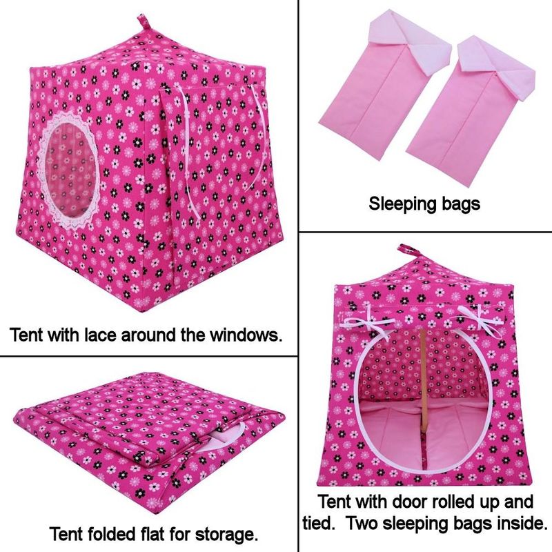 Pink Toy Play Pop Up Tent, 2 Sleeping Bags, Flower Print Fabric for Stuffed Animals, Dolls - product images  of 