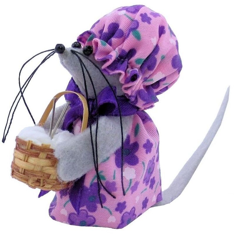 Knitting Mouse Ornament Holding Basket with Yarn, Light Orchid, Flower Print Fabric Dress and Hat - product images  of 