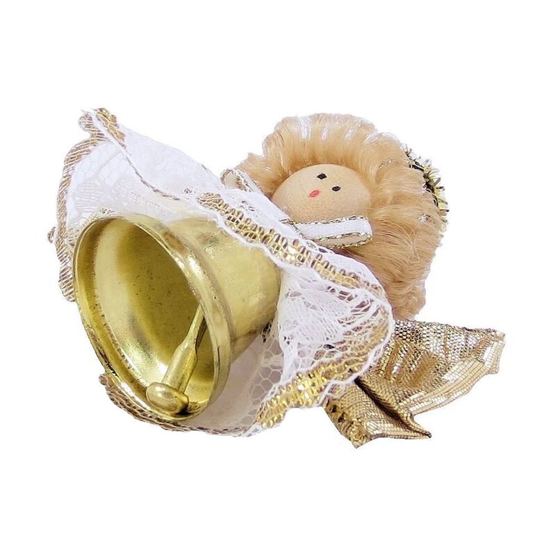 Bell Angel, White Gold Tone Edge Lace Dress, White and Gold Tone Ribbon Bow, Christmas Ornament - product images  of 