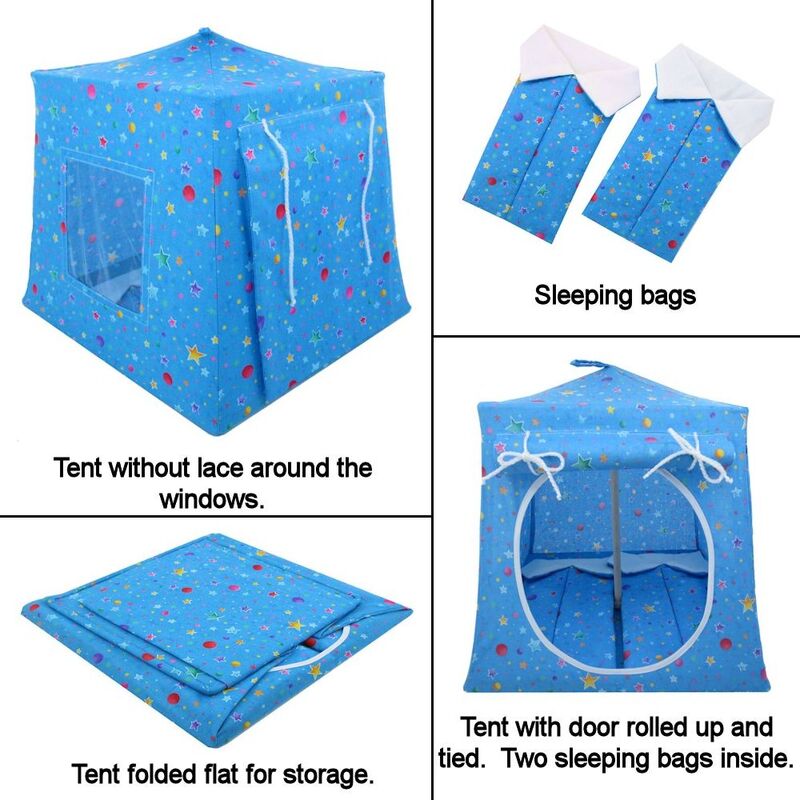 Light Blue Toy Play Pop Up Tent, 2 Sleeping Bags, Star and Moon Print Fabric for Stuffed Animals, Action Figures, Dolls - product images  of 