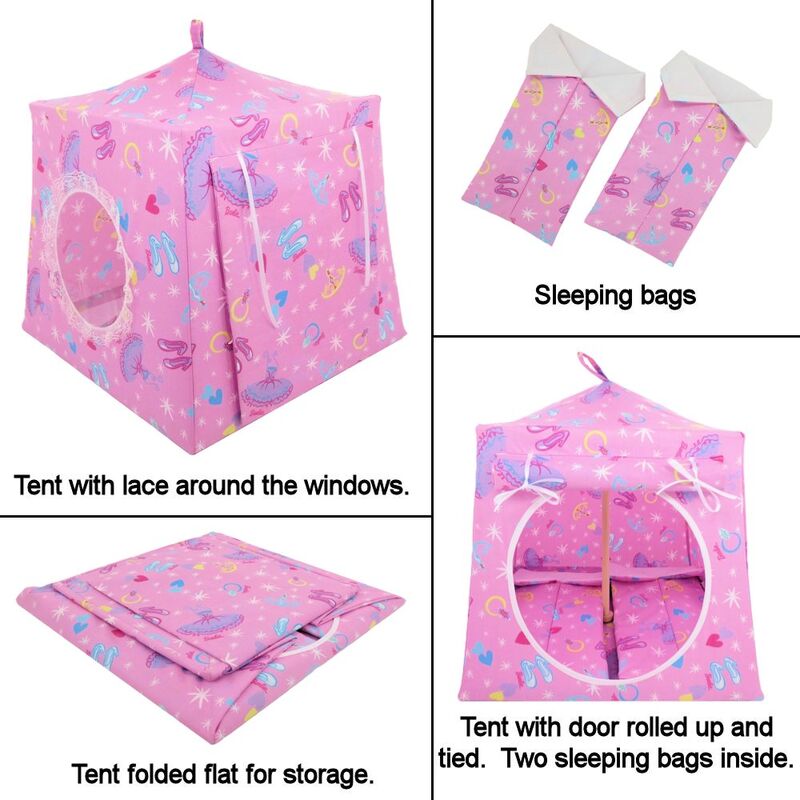 Light Pink Toy Play Pop Up Tent, 2 Sleeping Bags, Barbie Princess Print Fabric for Dolls, Stuffed Animals - product images  of 