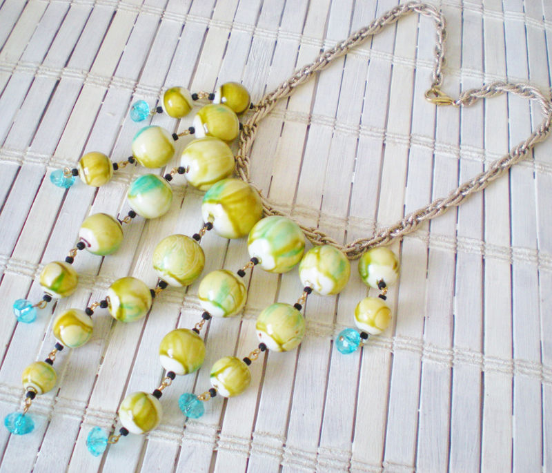 Mint Green Beads Statement Necklace  / OOAK Reworked Vintage - product images  of 