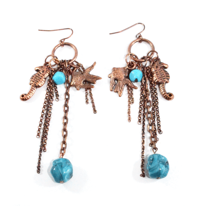 BRONZE MULTI CHAINS WITH FISH AND HIPPO-CAMPUS DROP EARRINGS - product image  