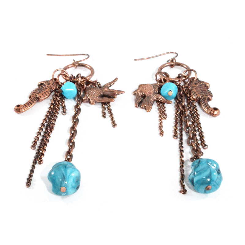 BRONZE MULTI CHAINS WITH FISH AND HIPPO-CAMPUS DROP EARRINGS - product image  