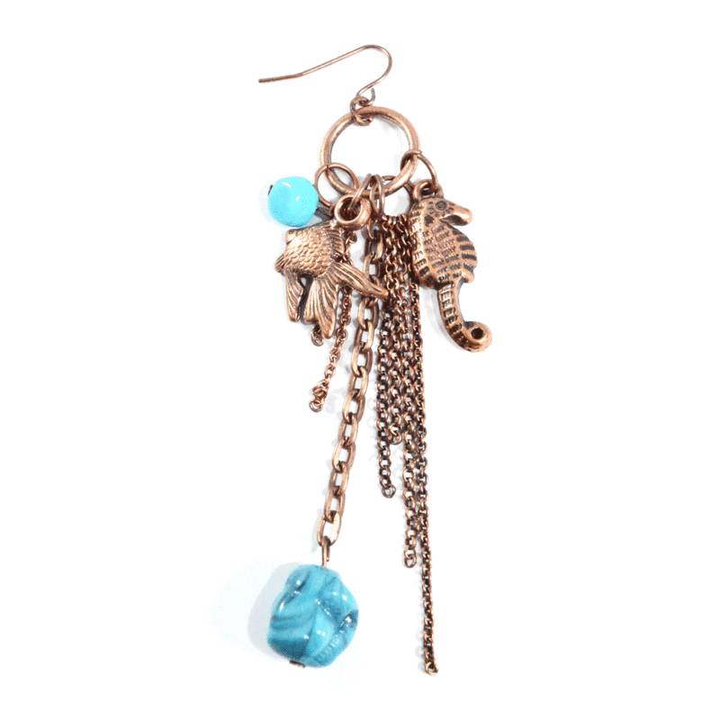 BRONZE MULTI CHAINS WITH FISH AND HIPPO-CAMPUS DROP EARRINGS - product image  
