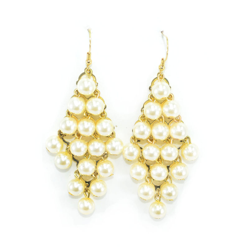 GOLD TONE RHOMBUS WITH PEARLS DROP EARRINGS - product image  