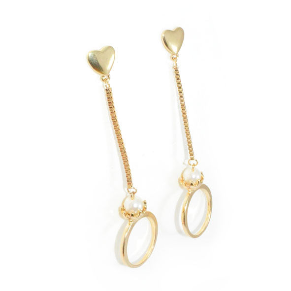 GOLD TONE HEART AND CHAIN WITH PEARL RING DROP EARRINGS - product image  