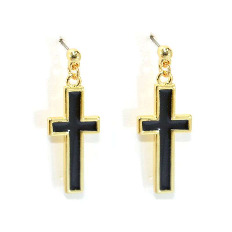 GOLD TONE EDGE BLACK CROSS DROP EARRINGS - product image  