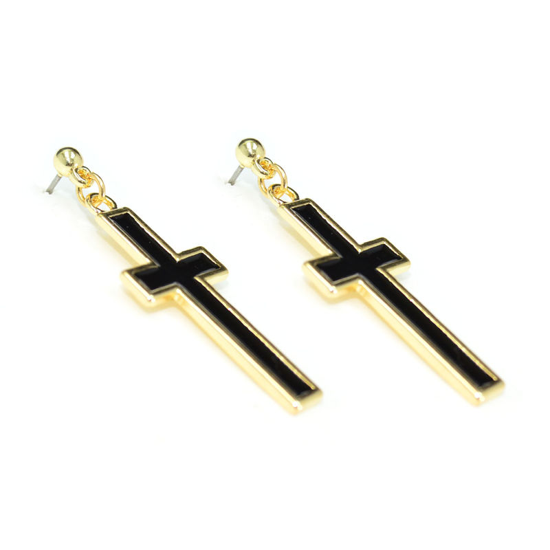 GOLD TONE EDGE BLACK CROSS DROP EARRINGS - product image  