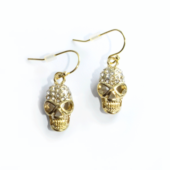 GOLD TONE CRYSTAL SKULL HEAD EARRINGS - product image  