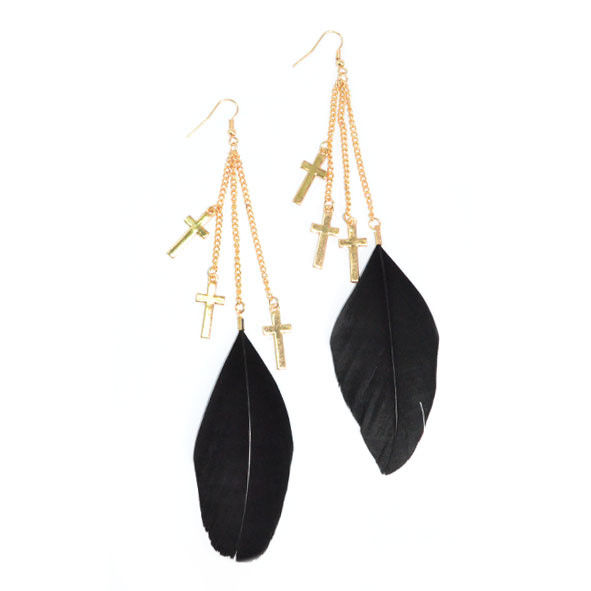 GOLD TONE CHAIN AND CROSS WITH BLACK FEATHER DROP EARRINGS - product image  
