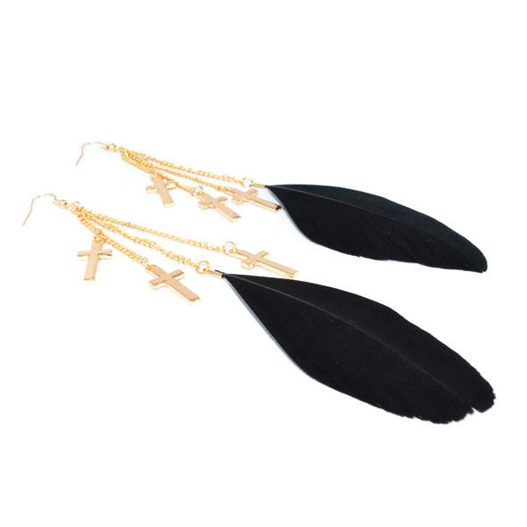 GOLD TONE CHAIN AND CROSS WITH BLACK FEATHER DROP EARRINGS - product image  