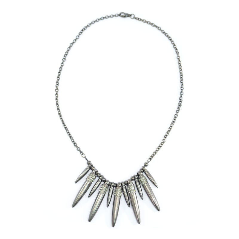 DARK SILVER TONE BEADS AND CRYSTALS SPIKES NECKLACE - product image  