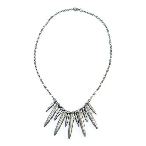 DARK,SILVER,TONE,BEADS,AND,CRYSTALS,SPIKES,NECKLACE