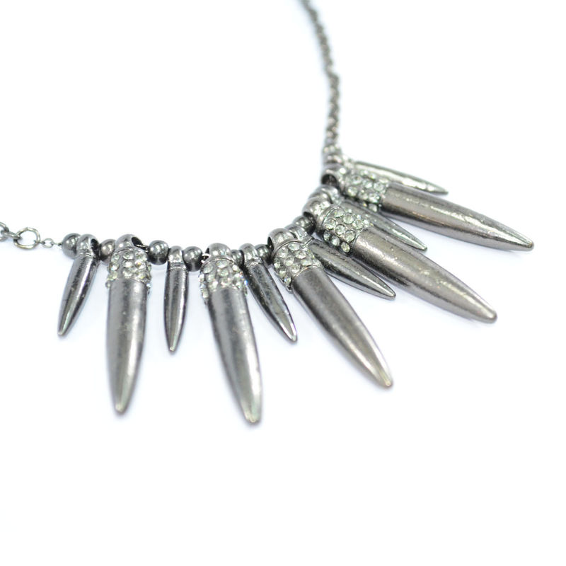 DARK SILVER TONE BEADS AND CRYSTALS SPIKES NECKLACE - product image  