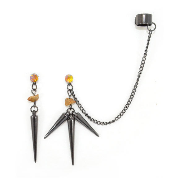 DARK SILVER SPIKES AND STONE WITH CRYSTAL EARRINGS AND EAR CUFF - product image  