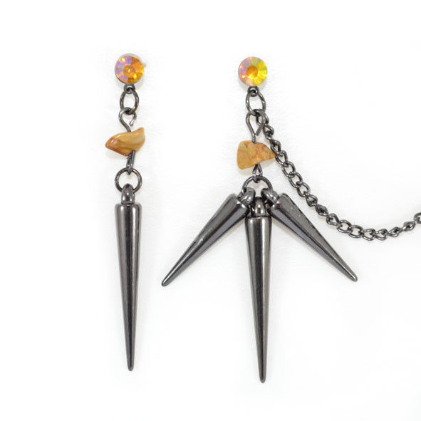 DARK SILVER SPIKES AND STONE WITH CRYSTAL EARRINGS AND EAR CUFF - product image  