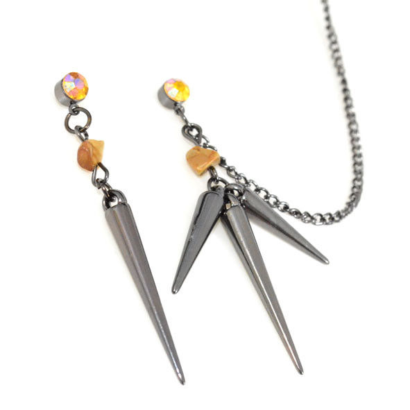 DARK SILVER SPIKES AND STONE WITH CRYSTAL EARRINGS AND EAR CUFF - product image  