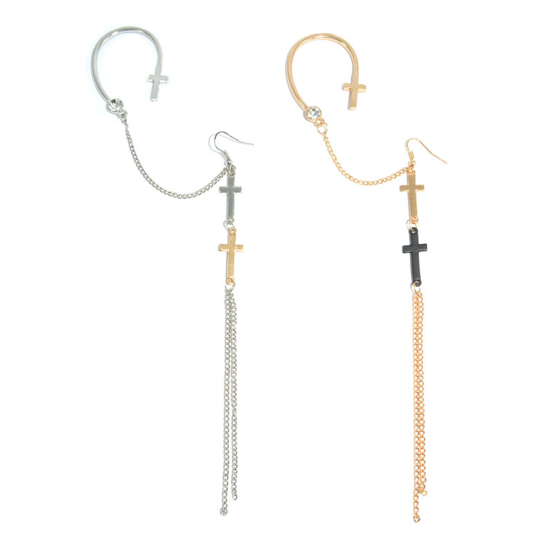 CRYSTAL WITH CROSSES AND CHAINS EAR CUFF - product image  